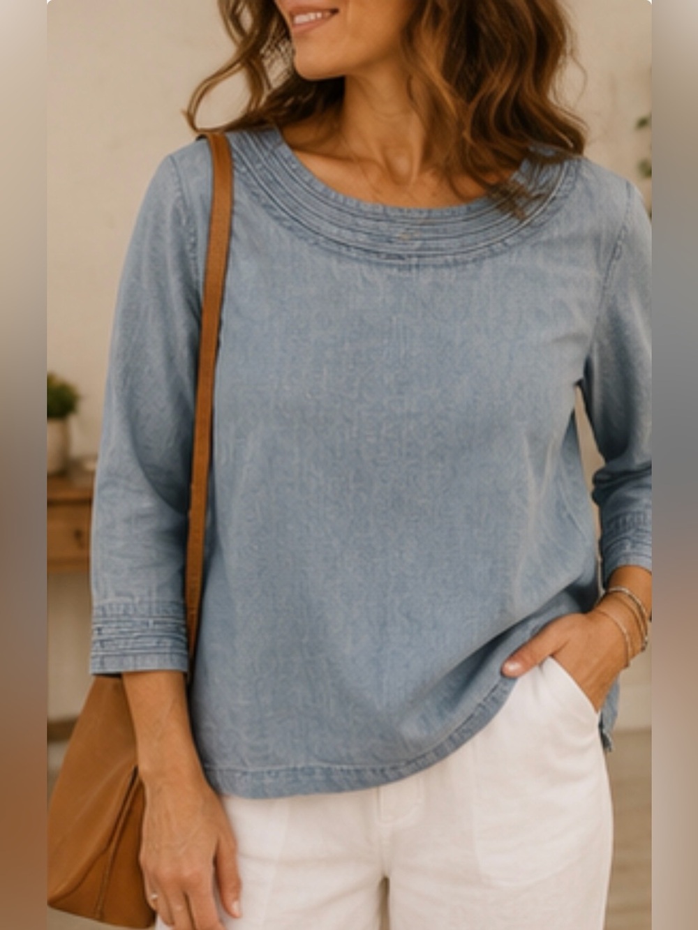 Martha Stewart Everyday Chambray Blue Pintuck 3/4 Sleeve Top Medium Coastal
